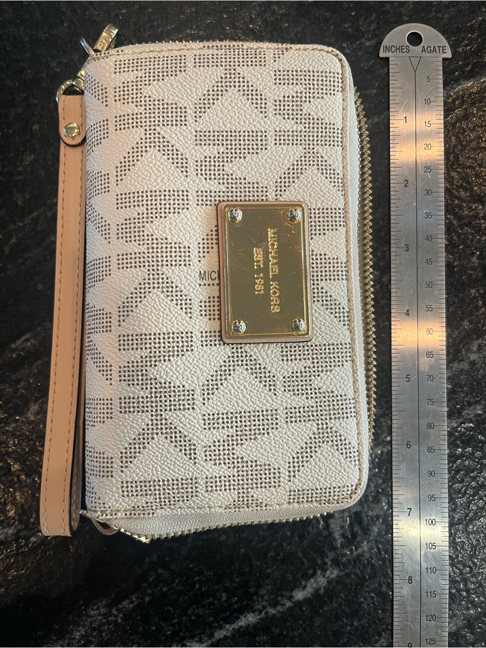 Michael Kors Beige Logo Zip-Around Wristlet Wallet with Gold Plate